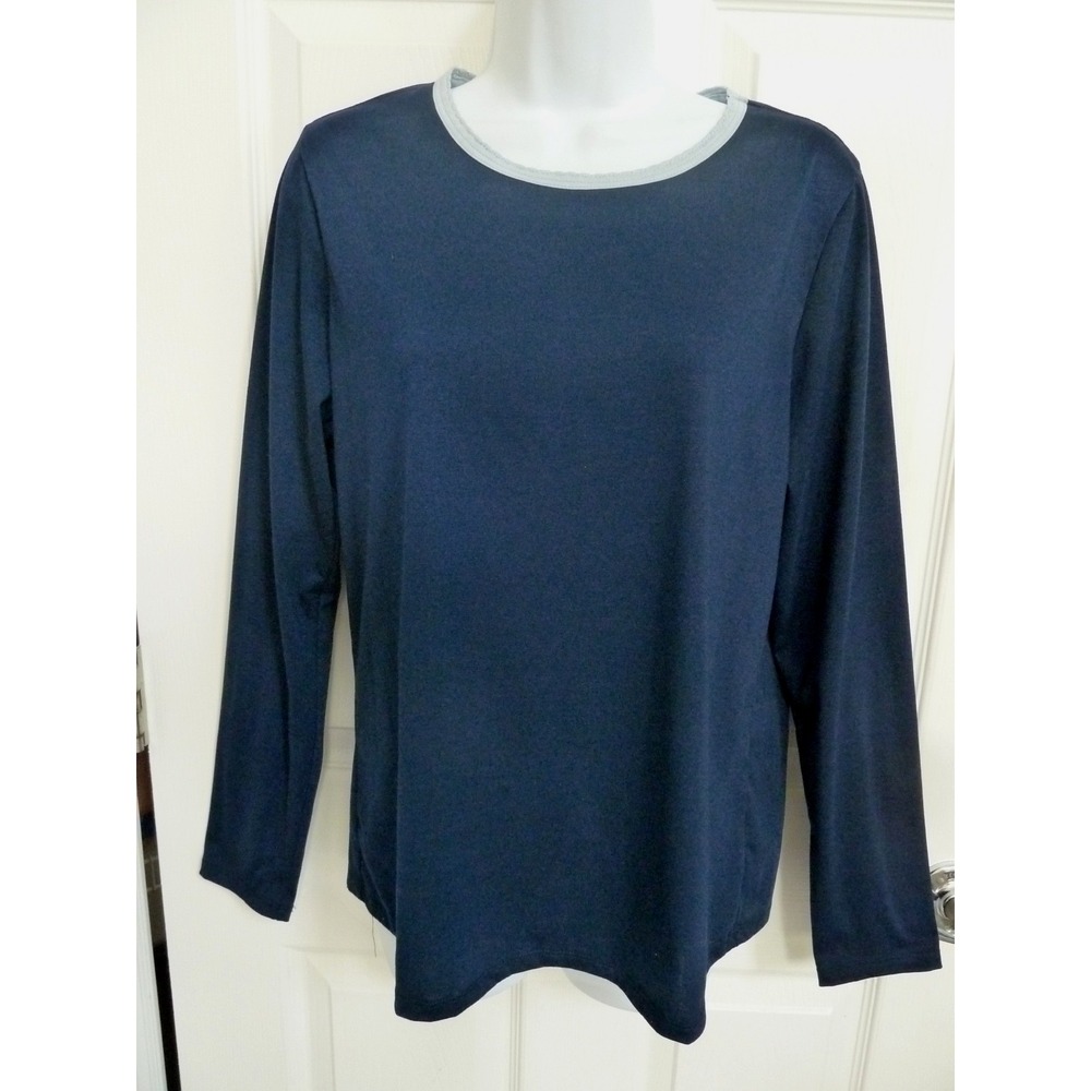 Lands' End Women Medium Ringer Tee Top Navy Blue Long Sleeve Knit RN 168874